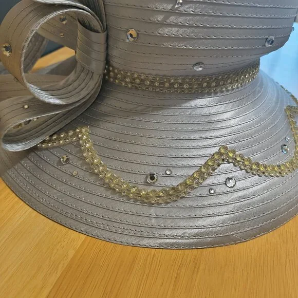 Women’s Tall Gray + Gold Dress Hat | Church / Derby | Formal Statement - Picture 3 of 4